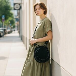 Black Chic Generic Suede Drawstring Bucket Bag, Leather Trim